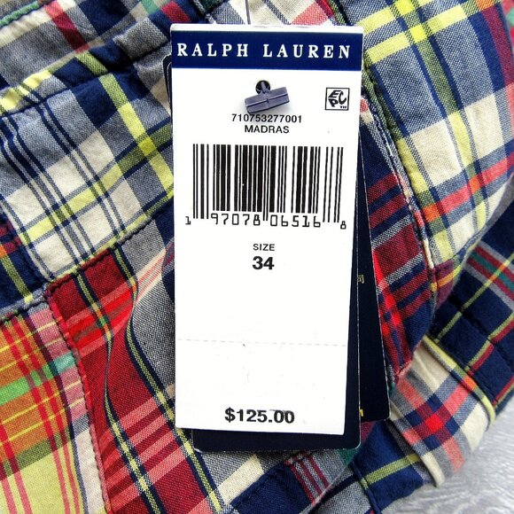 Polo Ralph Lauren Patchwork Madras Chino Shorts Classic Fit 9" Men's Size 34 NEW - Picture 14 of 15